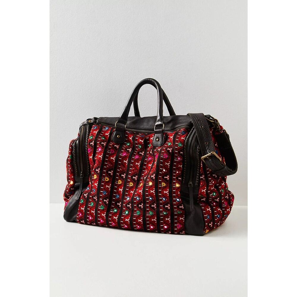 New Free People Bijoux Mirrored Weekender Bag Embroidered Embellished